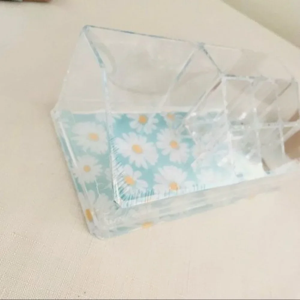 Sorbus Mini Makeup Organizer with 9 Slots Clear w/ Daisy Print Bottom Desk Dorm